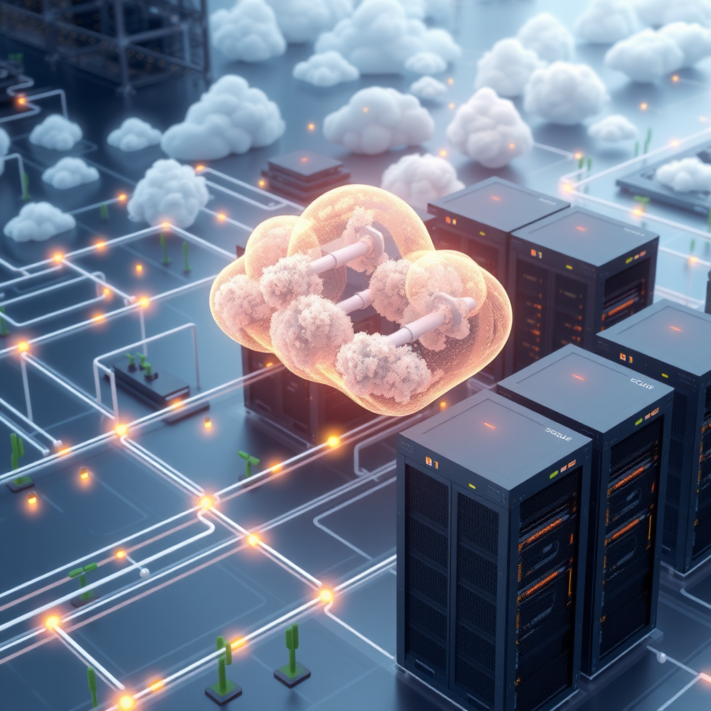 Modern cloud infrastructure visualization showing servers, data centers, and network connections representing Sohqee's advanced hosting services