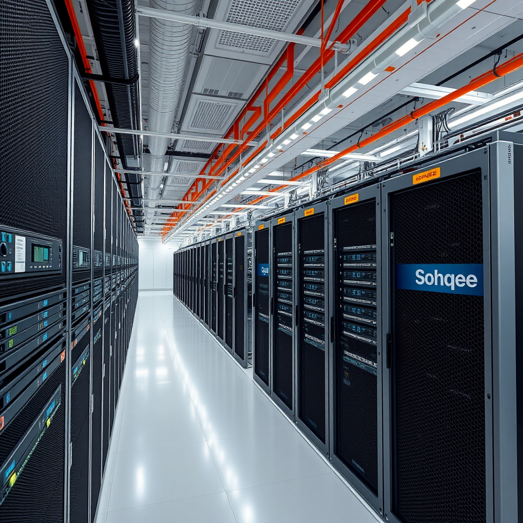 Modern data center facility in Singapore with advanced server racks, cooling systems, and renewable energy infrastructure, featuring Sohqee branding and Southeast Asian architectural elements