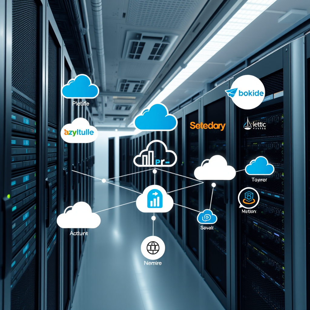 Modern data center with multiple cloud provider logos and interconnected network visualization showing multi-cloud architecture with servers, networking equipment, and digital transformation elements