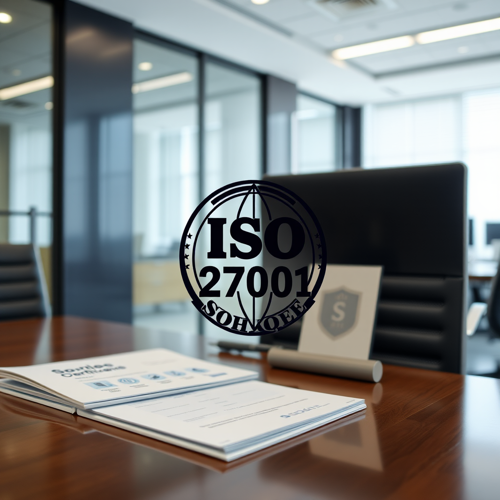 ISO 27001 certification badge with Sohqee logo, featuring security shield icons and compliance documentation on a modern office desk in Singapore