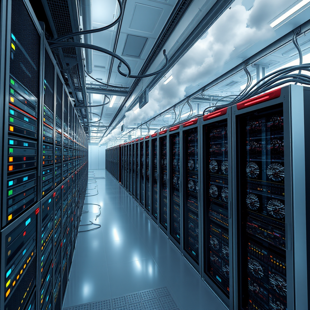 Modern cloud infrastructure with servers, data centers, and network connections in Singapore, showing scalable computing resources and virtual server environments