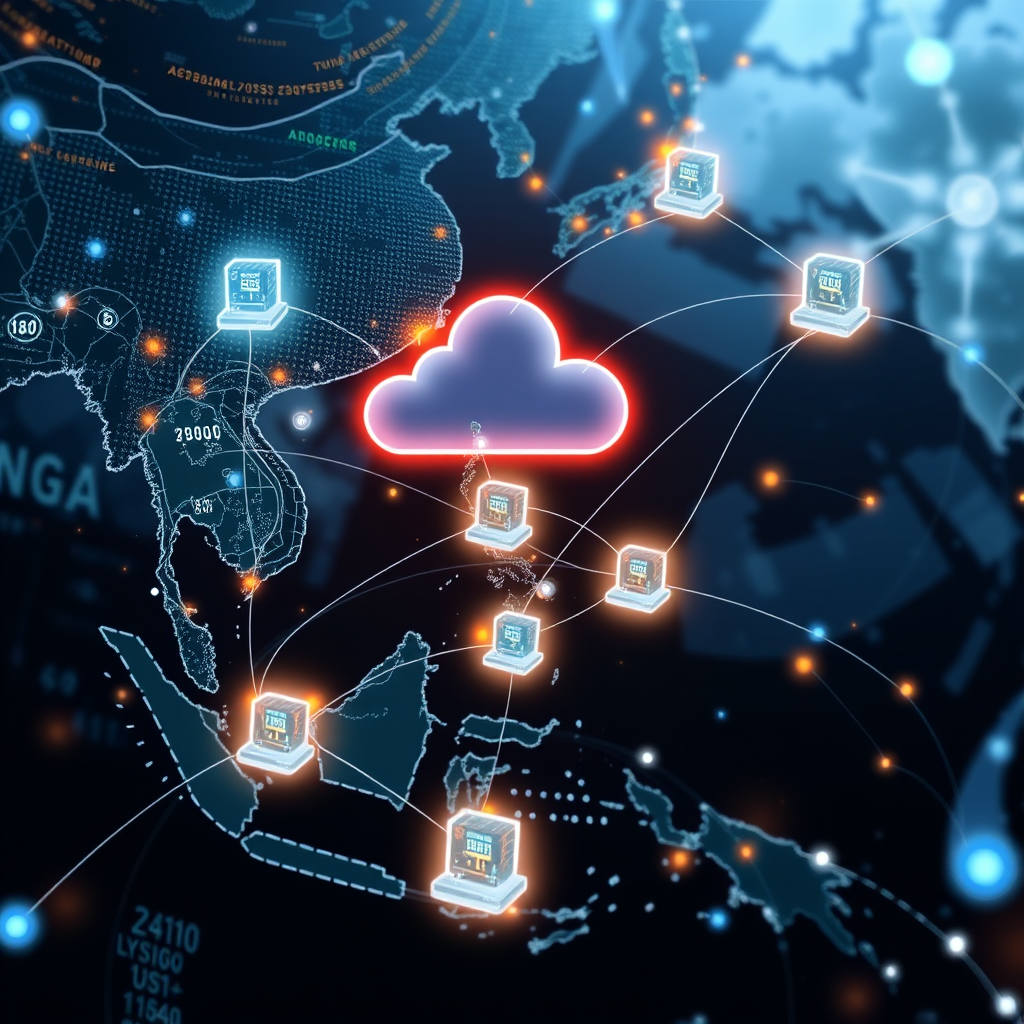 Modern cloud infrastructure visualization showing interconnected servers, data centers, and network connections across Asia-Pacific region with Singapore as the central hub