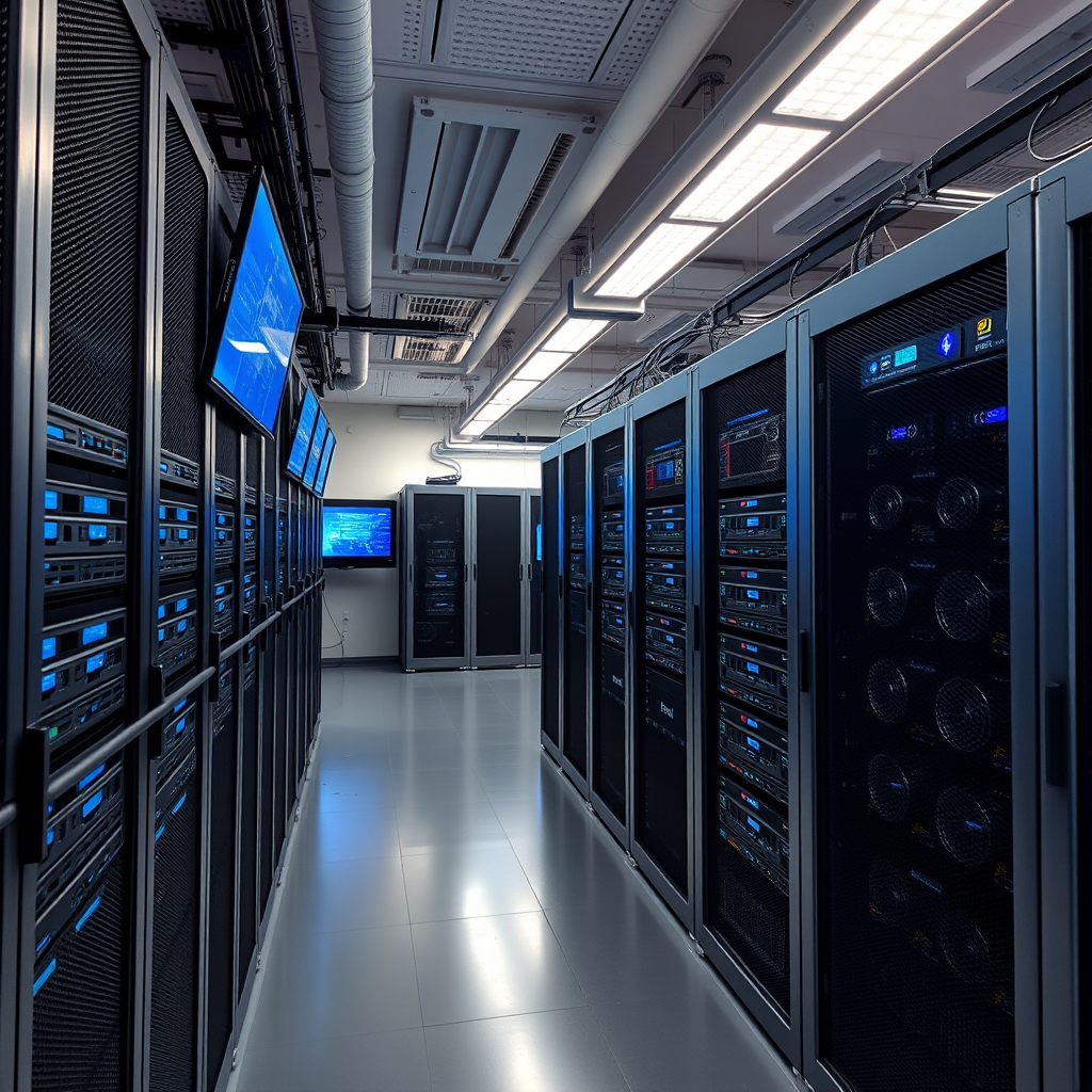 Modern data center with server racks, monitoring displays, and professional hosting infrastructure showcasing enterprise-grade managed hosting services