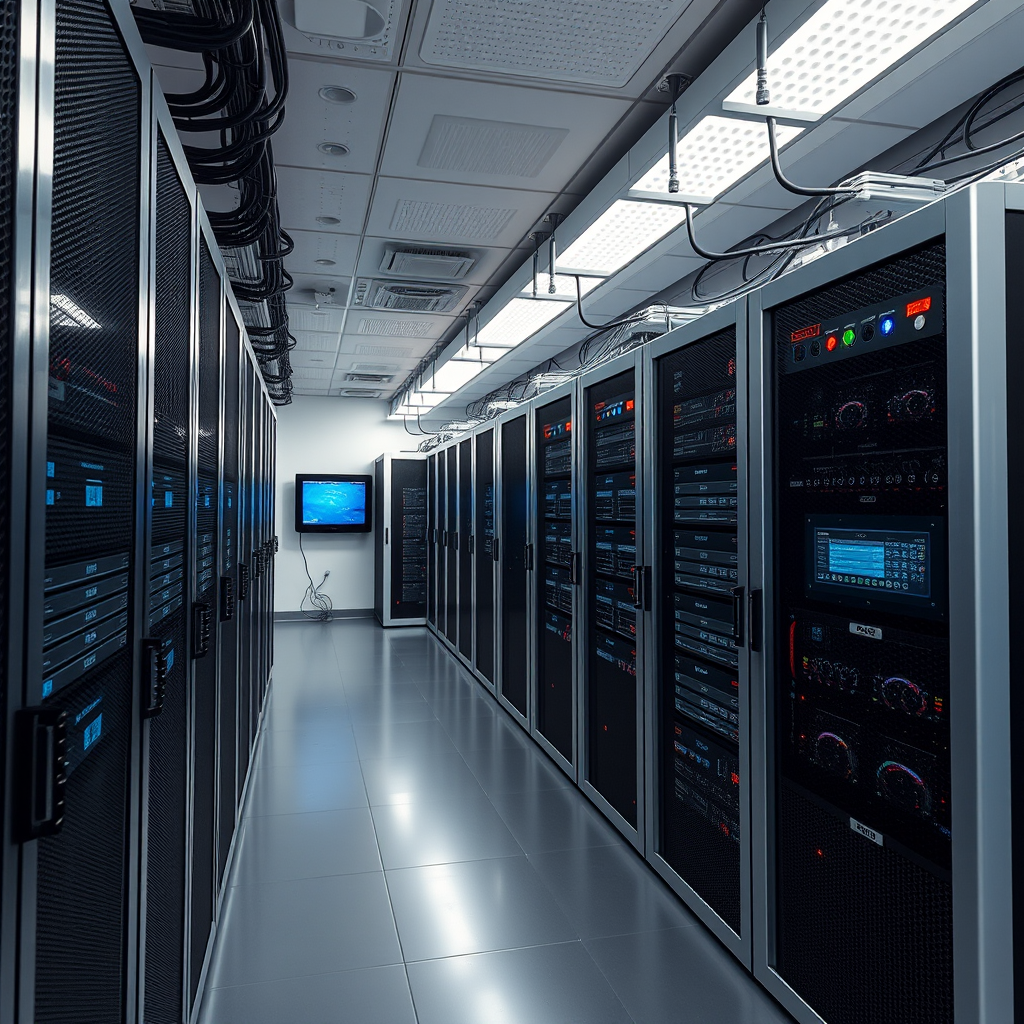 Modern data center server room with multiple backup servers and monitoring systems ensuring data protection and recovery capabilities