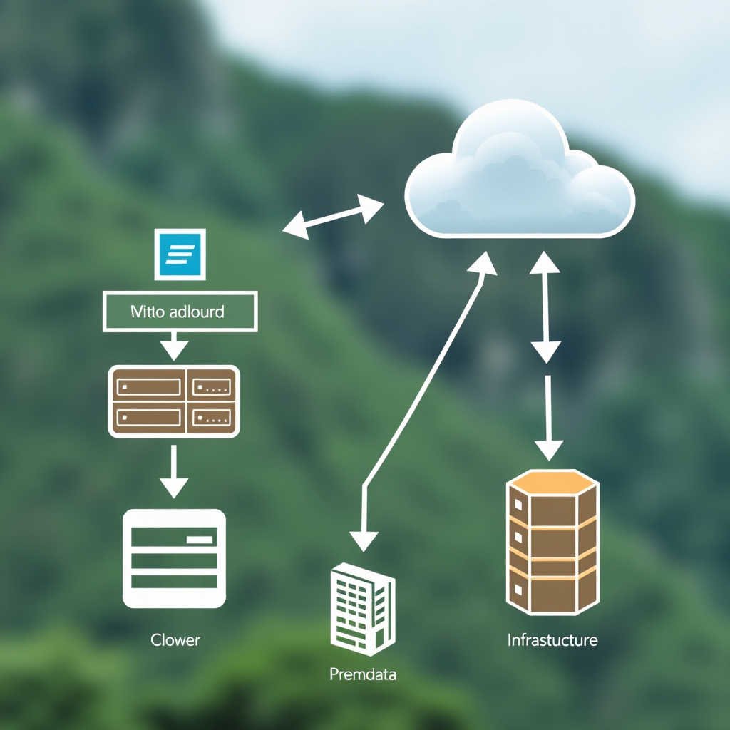 Cloud migration architecture diagram showing on-premises servers connecting to cloud infrastructure with data flow arrows