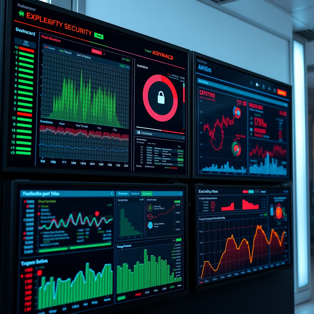 Advanced network security dashboard showing real-time threat monitoring, firewall status, and security analytics with multiple screens displaying cybersecurity metrics and alerts