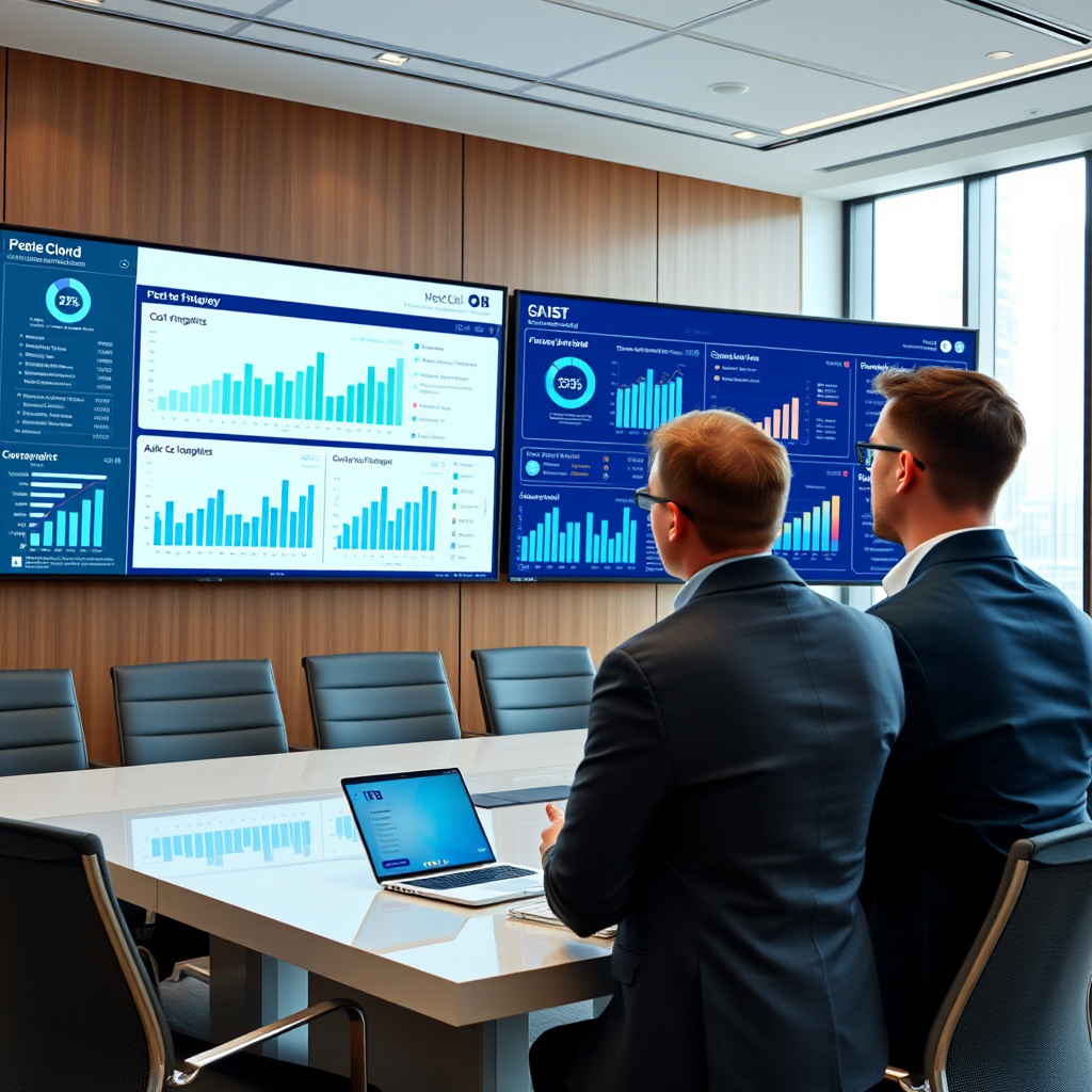 Business executives reviewing multi-cloud strategy dashboard on large screens showing performance metrics, cost optimization charts, and vendor comparison analytics in modern corporate boardroom