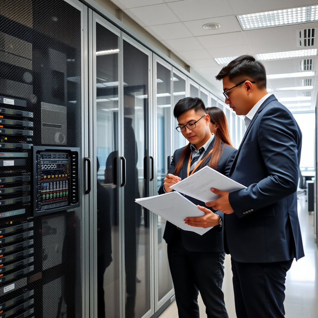 Professional security auditors reviewing Sohqee's data center infrastructure and compliance documentation in Singapore office