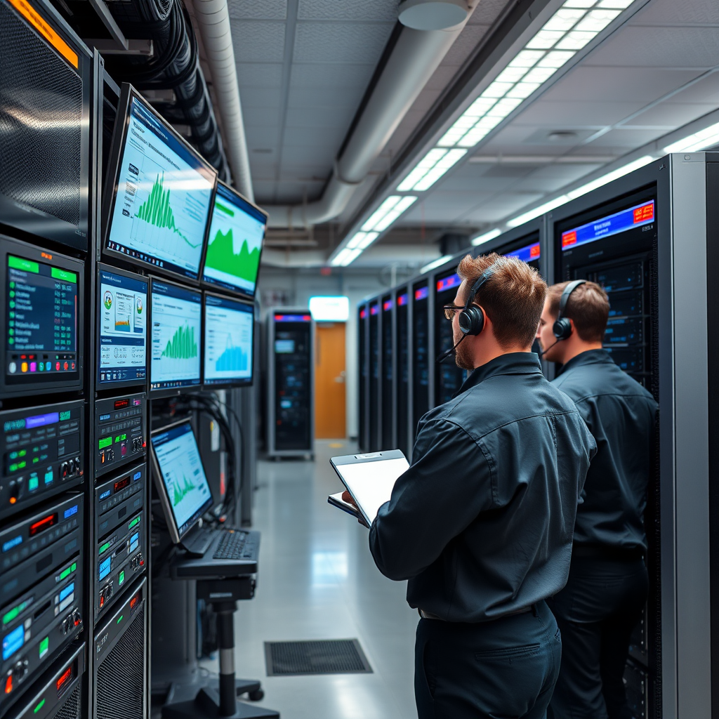 Professional hosting environment with monitoring dashboards, server racks, and 24/7 technical support team ensuring guaranteed uptime for websites and applications