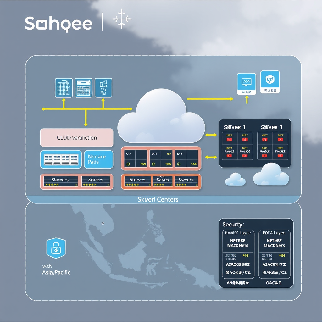 Technical diagram showing Sohqee's cloud infrastructure architecture with servers, storage systems, network components, and security layers across multiple data centers in Asia-Pacific region