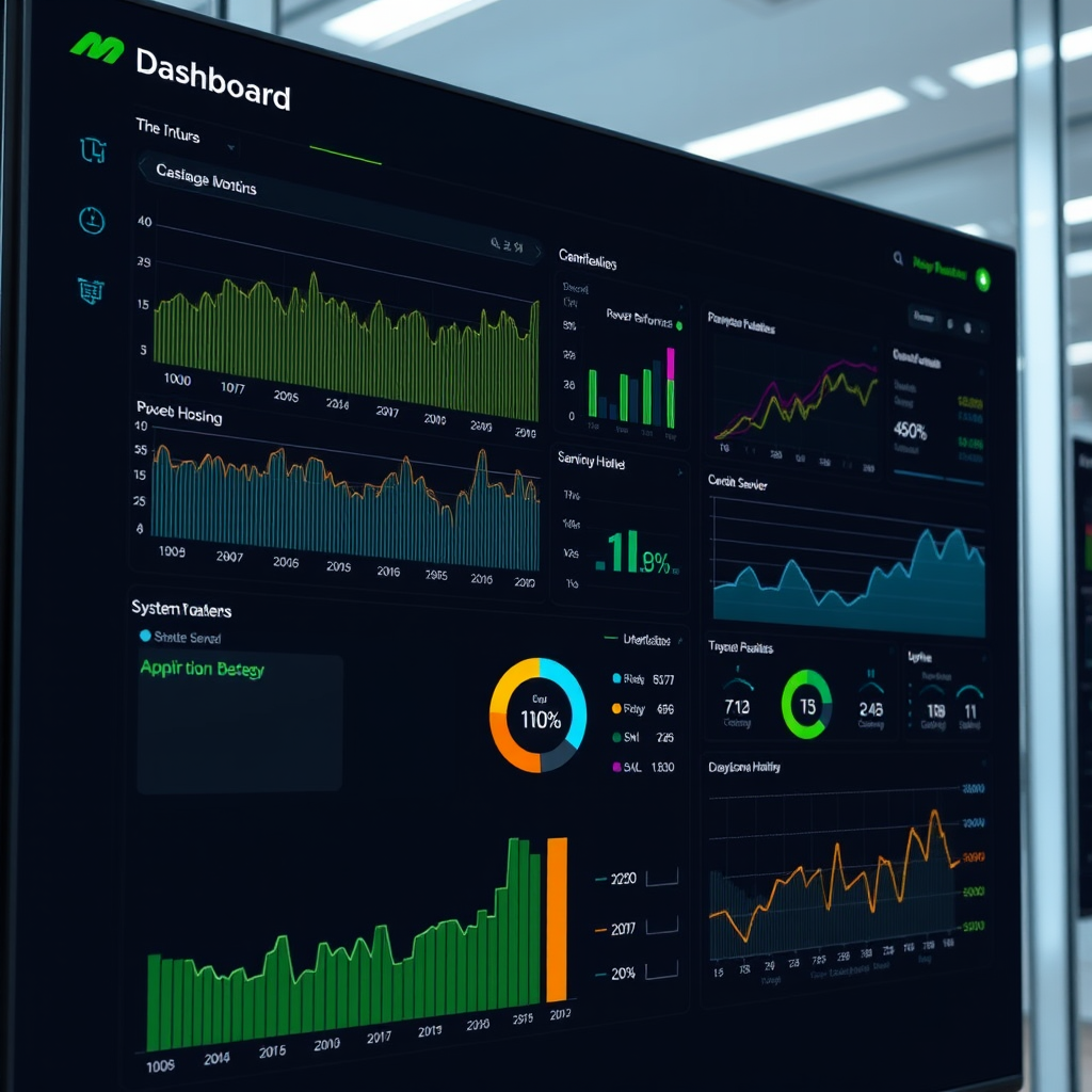 Advanced hosting monitoring dashboard displaying real-time server performance metrics, uptime statistics, and system health indicators for managed hosting services