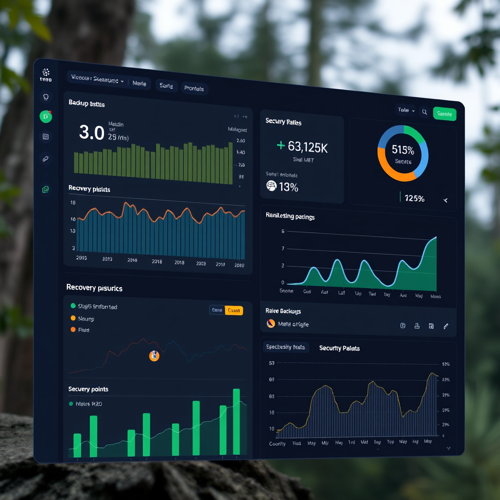 Advanced data backup dashboard showing real-time backup status, recovery points, and security metrics with modern interface design