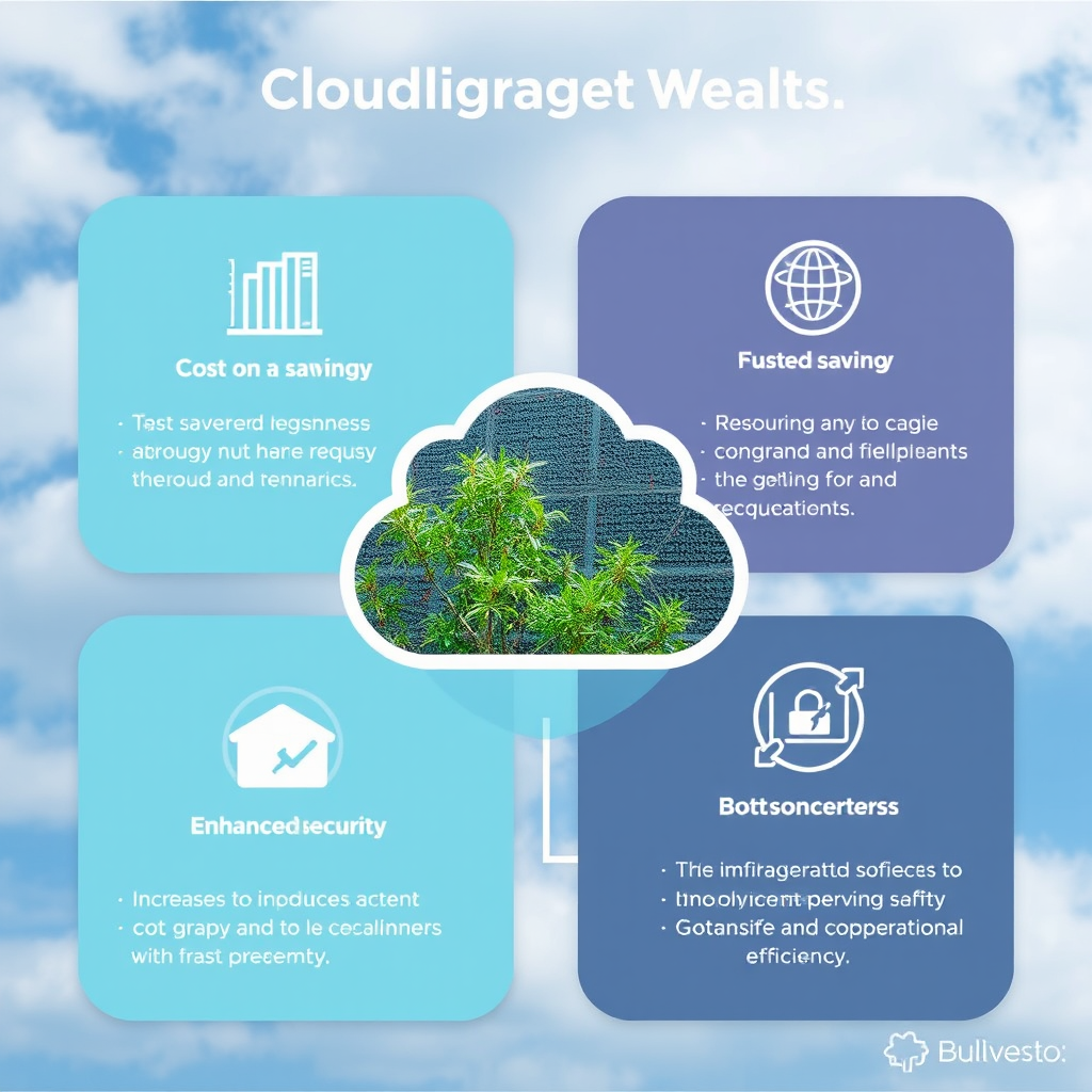 Infographic displaying cloud migration benefits including cost savings, improved scalability, enhanced security, and increased operational efficiency