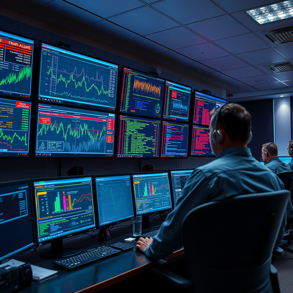 Modern security operations center with multiple monitors displaying network traffic analysis, threat intelligence feeds, and real-time security alerts being monitored by cybersecurity professionals