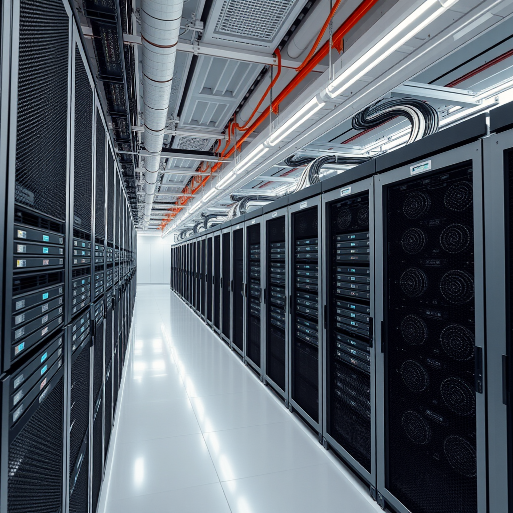 Modern data center facility in Singapore with advanced server racks, cooling systems, and renewable energy infrastructure