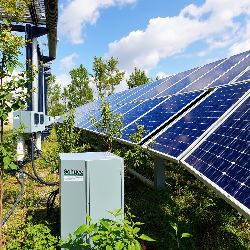 Renewable energy integration at Sohqee data center featuring solar panels and green energy monitoring systems