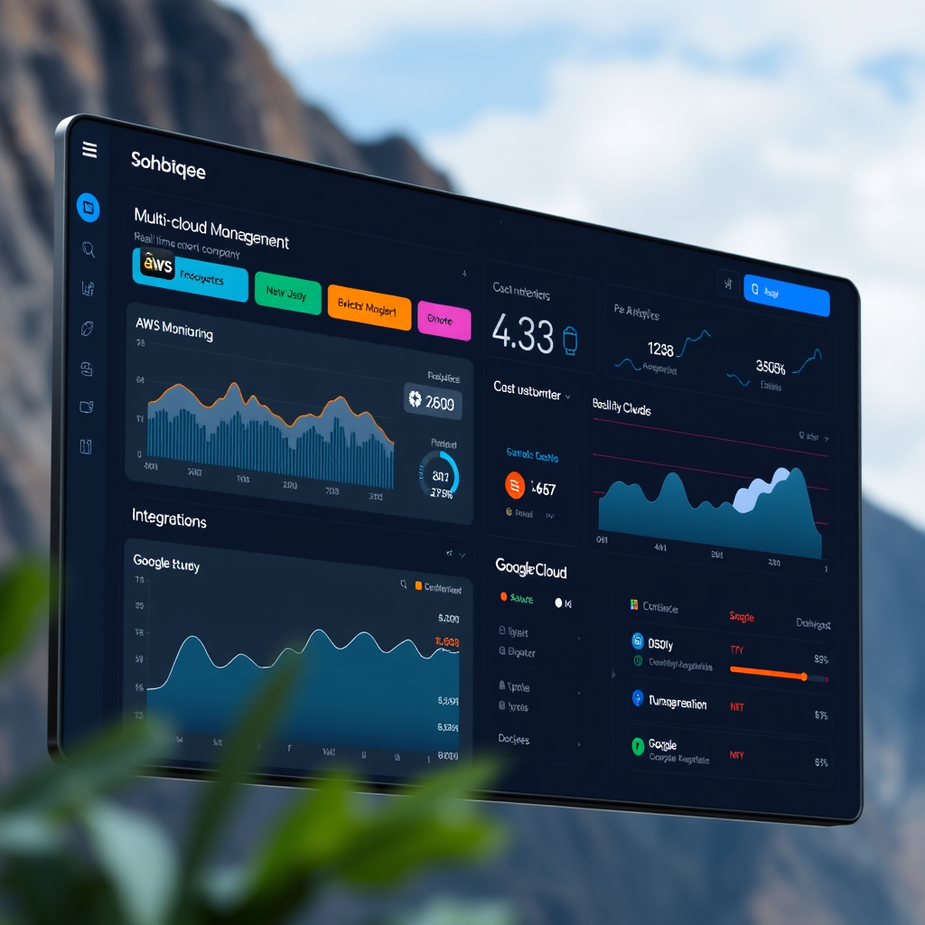 Sohqee platform interface showing multi-cloud management dashboard with real-time monitoring, cost analytics, and integration controls across AWS, Azure, and Google Cloud platforms