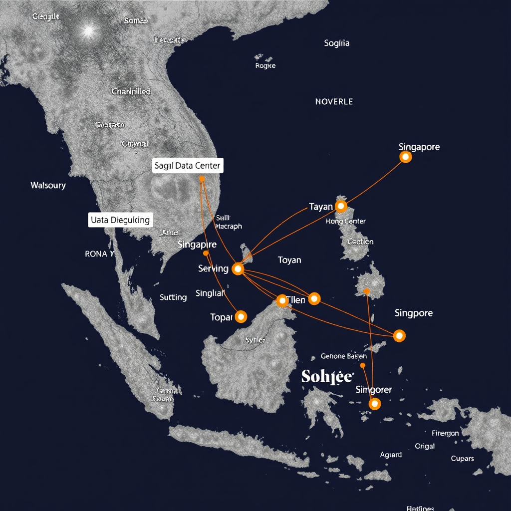 Map of Asia-Pacific region highlighting Sohqee's data center locations in Singapore, Hong Kong, Tokyo, Sydney, and other major cities with network connectivity lines