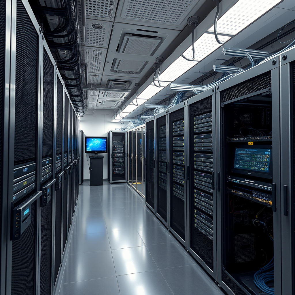 Modern data center server room showcasing advanced technology infrastructure with network equipment, server racks, and monitoring systems for enterprise hosting services
