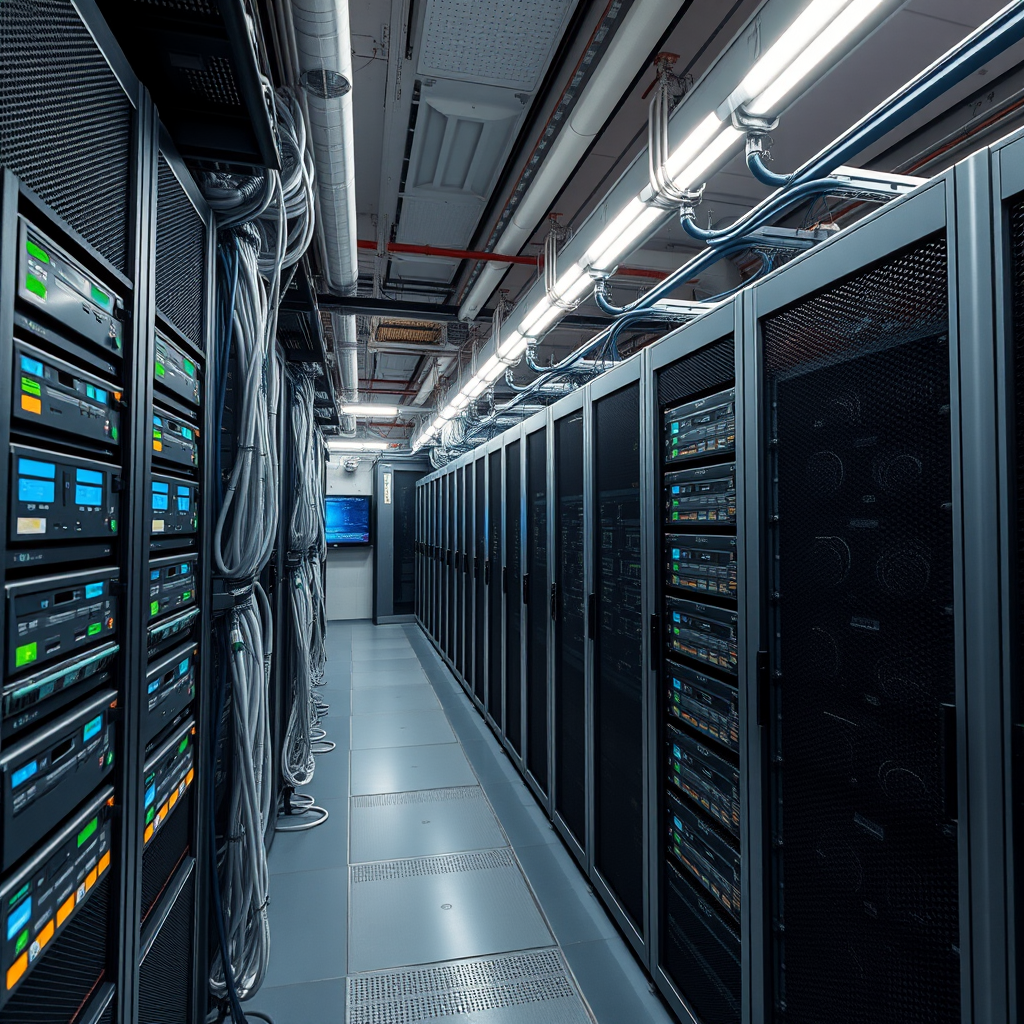 High-tech data backup infrastructure showing multiple servers, network connections, and monitoring systems in a modern Singapore data center