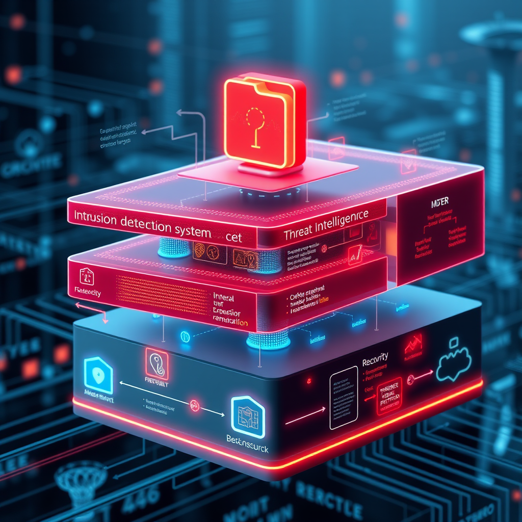 Modern cybersecurity technology stack visualization showing interconnected security layers including firewalls, intrusion detection systems, endpoint protection, and threat intelligence platforms in a futuristic network diagram