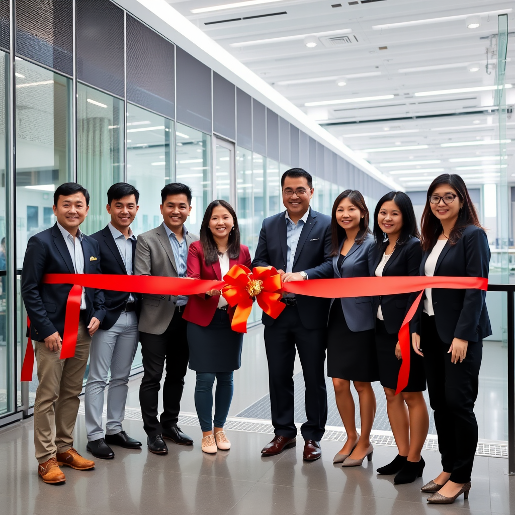 Sohqee team members celebrating the opening of Singapore data center with ribbon cutting ceremony and modern facility in background