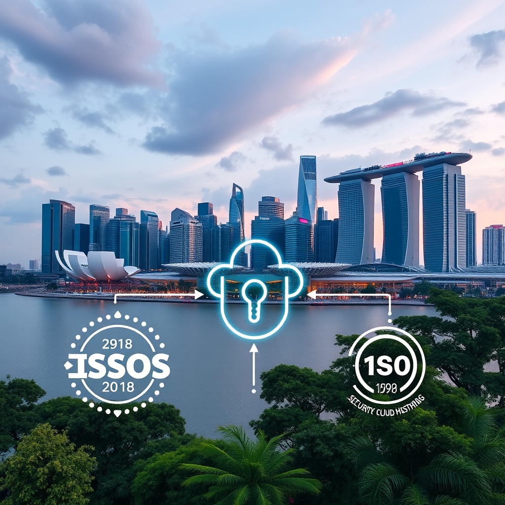 Modern Singapore skyline with digital cloud security icons and ISO certification symbols representing the city-state's leadership in secure cloud hosting services
