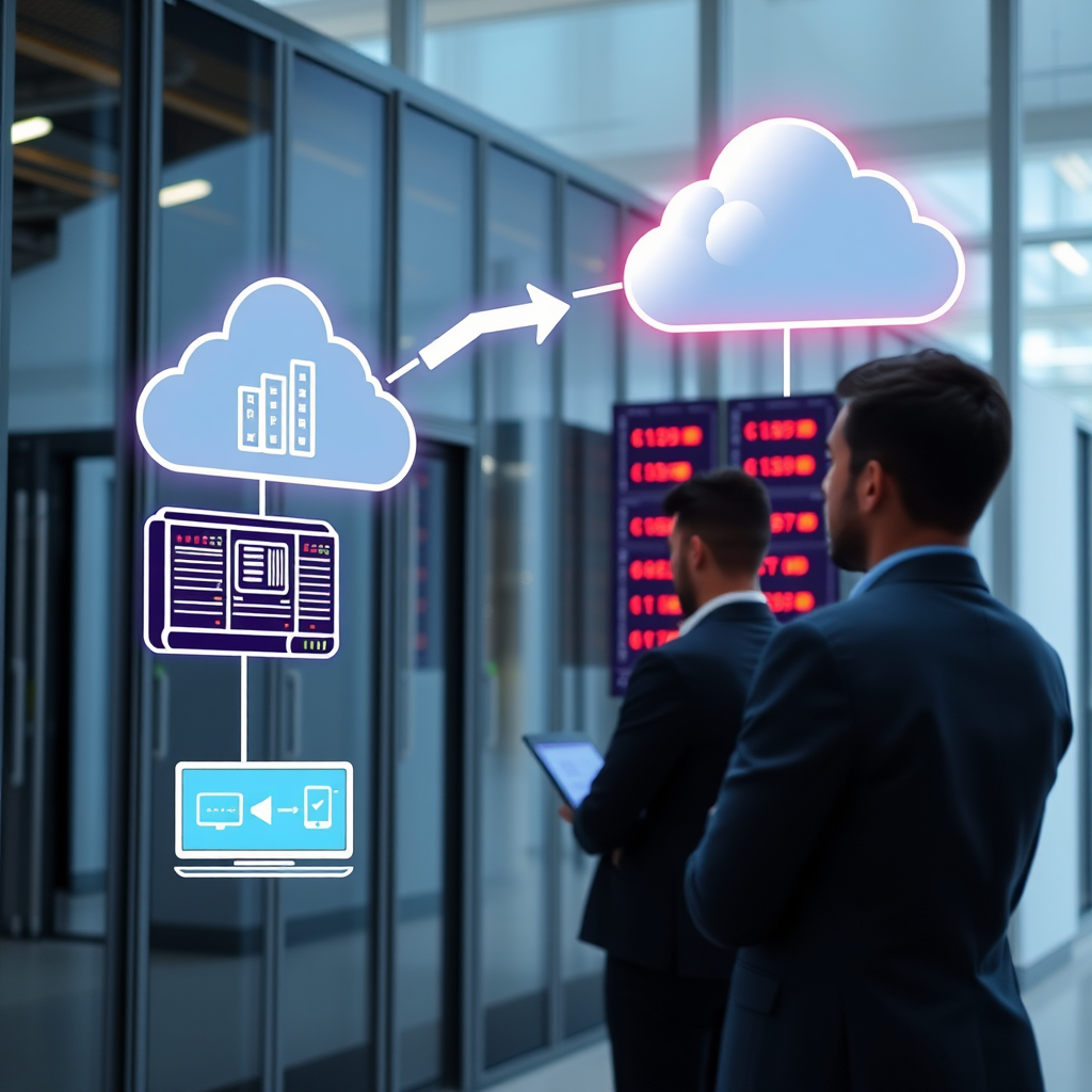 Cloud migration consulting process showing transition from on-premises servers to cloud infrastructure with expert consultants and technical implementation teams