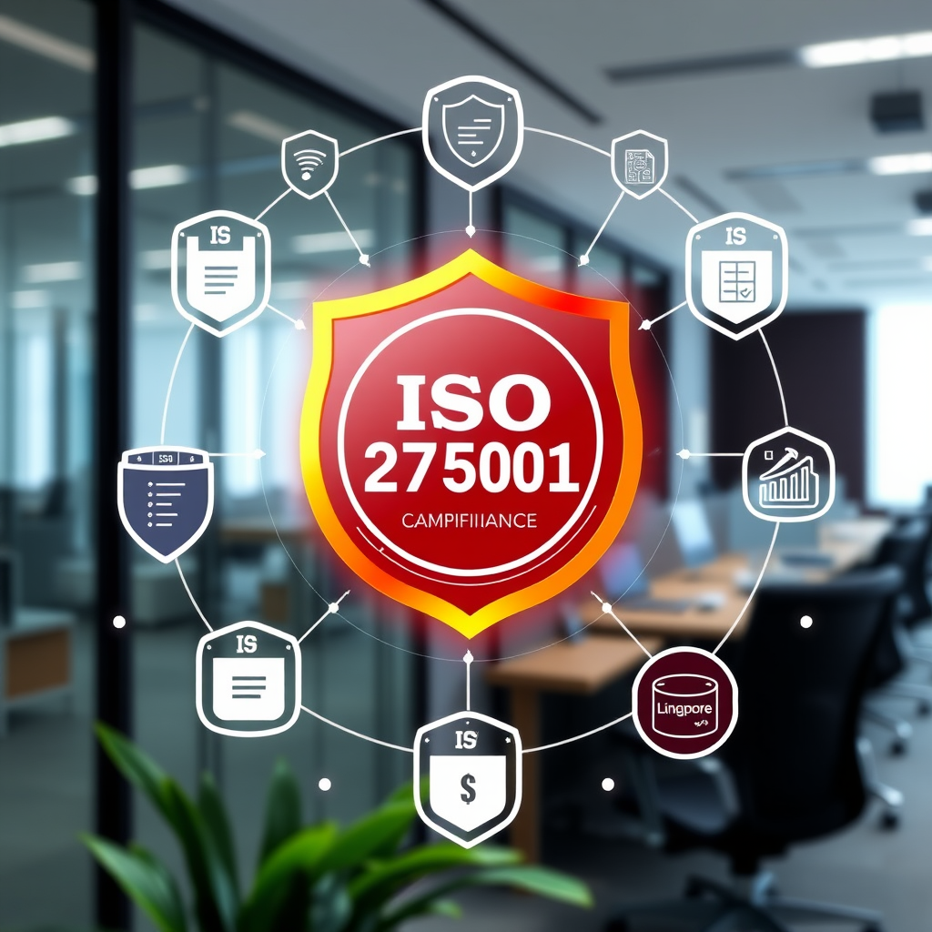 Security certification concept with ISO 27001 compliance badge, cybersecurity shields, and data protection symbols in a professional Singapore office environment