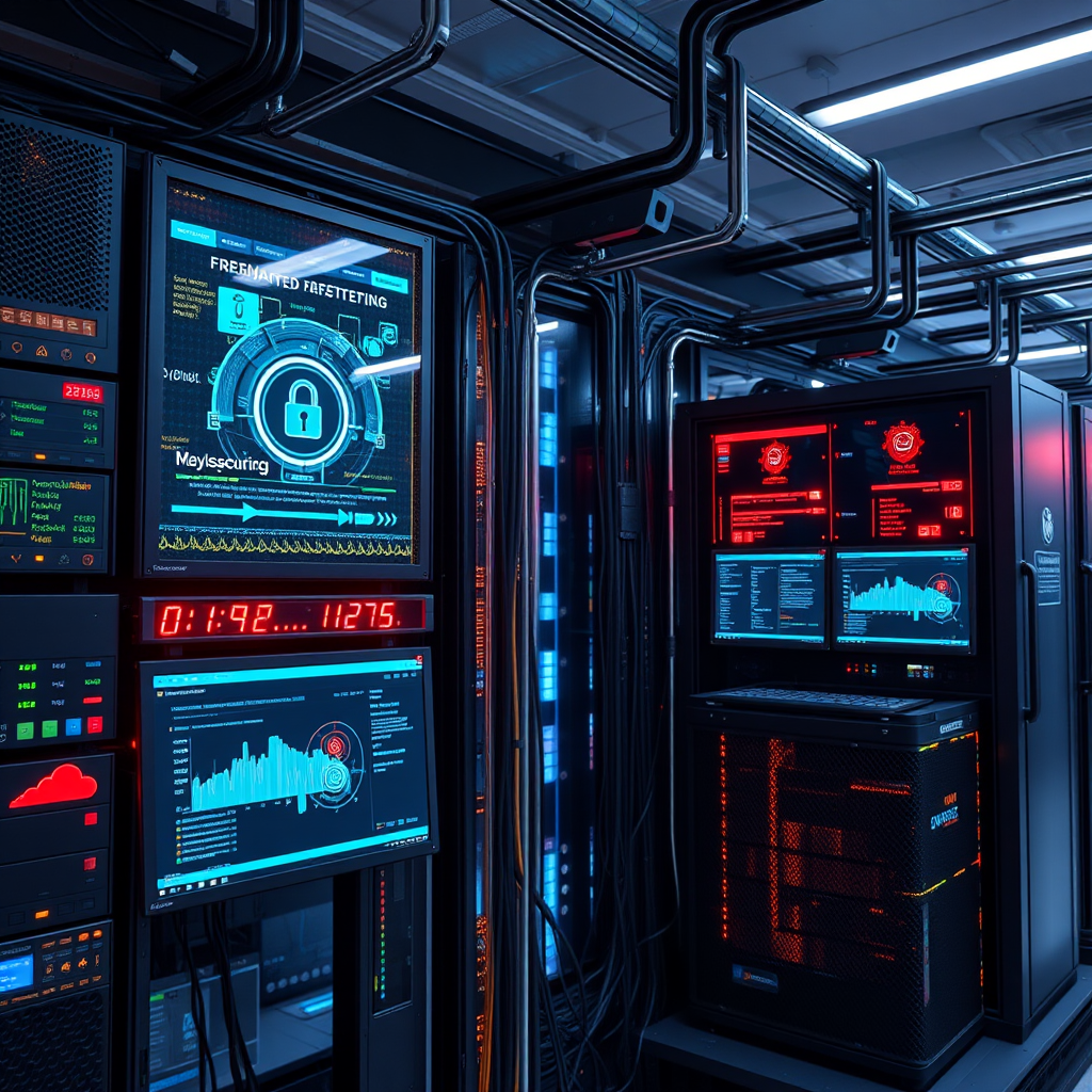 Advanced cybersecurity infrastructure with firewall systems, intrusion detection monitors, vulnerability assessment tools, and security compliance dashboards protecting cloud assets